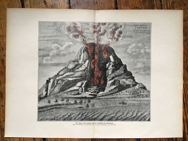 1900 VOLCANO ERUPTING LITHOGRAPH original antique print of mount vesuvius c