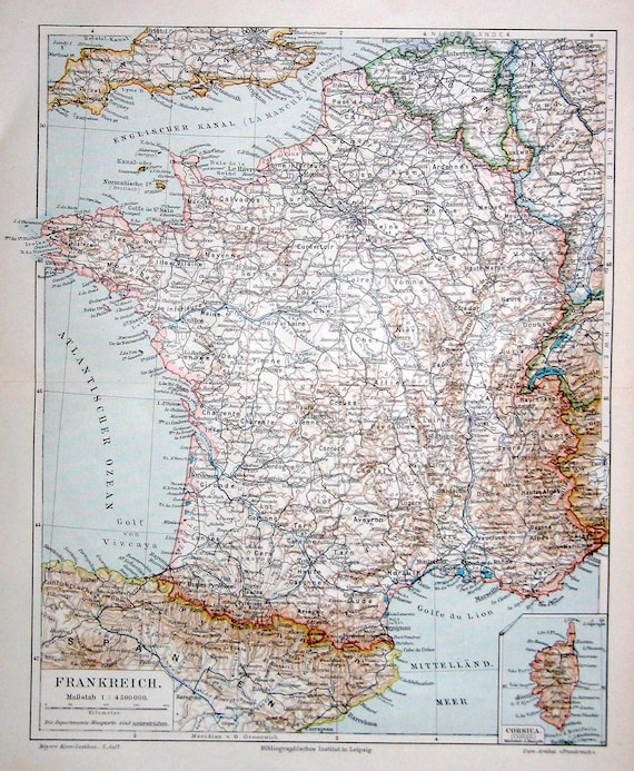 1894 FRANCE ANTIQUE MAP - Original Antique Print - Lithograph of