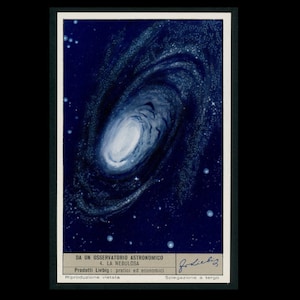 winzig! c. 1960er Jahre ASTRONOMISCHE BEOBACHTUNG Lithographie • original Vintage Druck • Mini Werbekarte • Astronomie • Himmelskörper • Spiralnebel