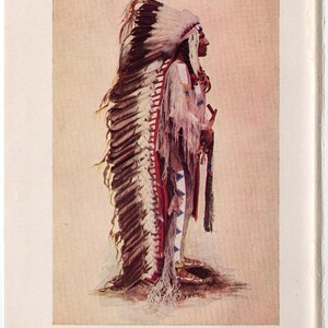 May include: An illustration of a Sioux Indian warrior in full war costume. The image shows a large feathered headdress with brown and white feathers. The warrior is wearing a fringed garment with red and blue details, holding a staff. Text reads: Sioux Indian warrior in full war costume, National Museum.