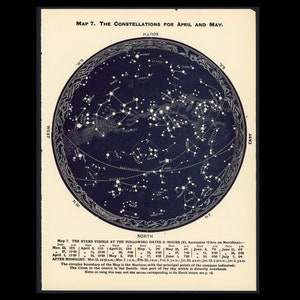 c. 1942 ABRIL MAYO Y JUNIO litografía • impresión vintage original • impresión celeste • impresión astronómica • constelaciones del sur