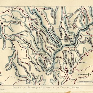 C. 1861 mapa da FRANÇA • montanhas de langres, frança • gravura original antiga colorida à mão
