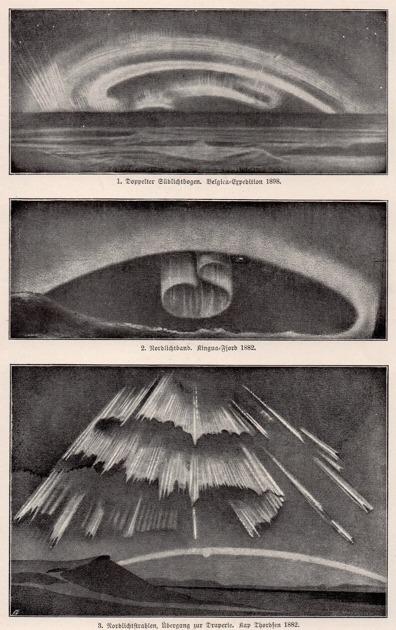 c. 1894 POLAR LIGHTS lithograph original antique print celestial print astronomy print aurora borealis print Northern lights image 3