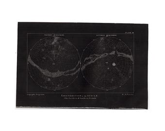 星雲分布　アンティーク版画　1872年頃　オリジナル石版画　天文学版画　天体　北半球と南半球の星雲