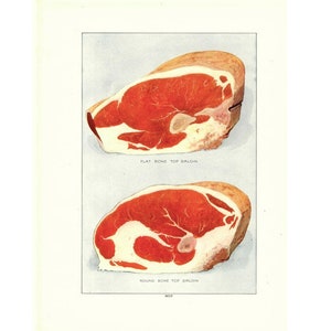 c 1911 MEAT lithograph - original antique print • butcher print • cuts of meat • BBQ • beef print • kitchen art - flat & round top sirloin