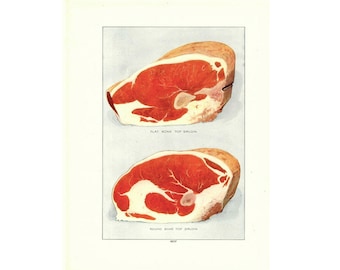 c 1911 MEAT lithograph - original antique print • butcher print • cuts of meat • BBQ • beef print • kitchen art - flat & round top sirloin