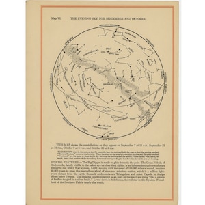 STAR MAP ca. 1926 • Abendhimmel im September & Oktober • original Vintage Astronomie Druck • Konstellation Karte • Himmelskarte • Monatliche Karten