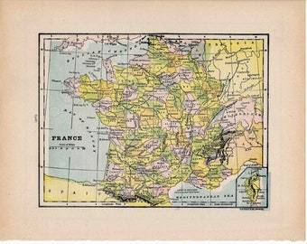 C. 1910 MAPA DE FRANCIA - grabado antiguo original - mapas del mundo - Europa - cartografía internacional - París