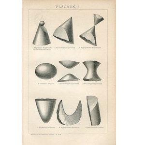 May include: An antique print featuring various geometric shapes, including cones, hyperboloids, and ellipsoids. The print is in black and white, with detailed shading to illustrate the forms. The title "FLÄCHEN, I" is at the top. A vintage scientific illustration.