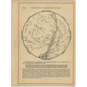 STAR MAP c. 1926 • Cielo nocturno en Febrero y Marzo • impresión original de astronomía vintage • mapa de constelación • mapa celeste • Mapas mensuales