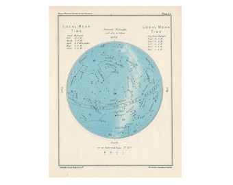 May include: A vintage star chart depicting the constellations visible in the Northern Hemisphere at midnight in January. The chart is set against a blue background with black lines and dots representing the stars. The chart is labelled with the names of the constellations and the time of year.