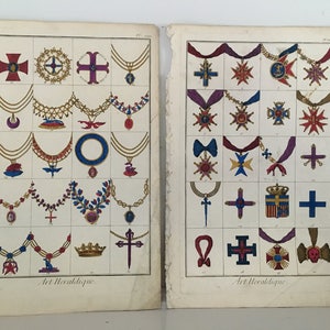 c.1751 HERALDIC DECORATIONS prints - original antique heraldry prints hand coloured engravings - Diderot - art heraldique - set of 2