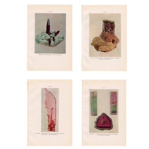 c. 1934 set of 4 VINTAGE MINERAL lithographs • set of 4 original vintage prints - quartz - tourmaline - azurite - spodumene