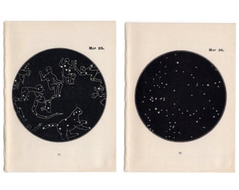 c. 1903 NORTH & SOUTH POLE star maps • set of 2 original antique prints • constellation print • celestial prints • astronomy prints