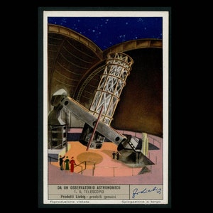 winzig! c. 1960s ASTRONOMICAL OBSERVATIONS Lithographie • Original Vintage Druck • Mini Werbekarte • Astronomie • Himmel • Teleskop