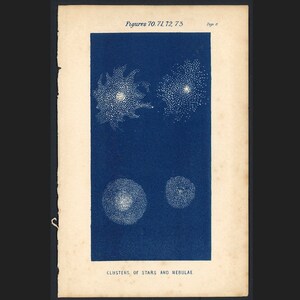¡raro! c. 1850 STAR & NEBULA CLUSTERS grabado • grabado antiguo original • grabado astronómico • azul cobalto celestial • sistema solar