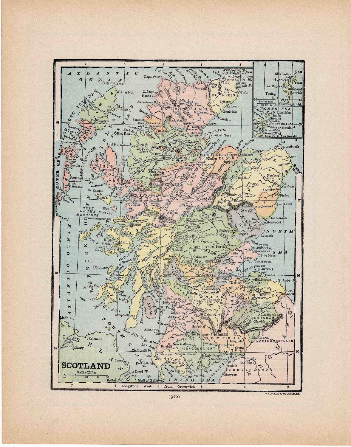 1910 年頃のスコットランドのアンティーク地図 - オリジナルの
