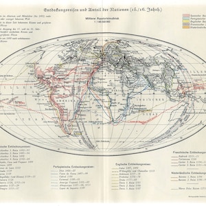 c. 1920 VOYAGES OF DISCOVERY 15 & 16thC Karte • original antike Karte • antiker Druck • Weltkarte • Entdeckungen der Welt