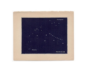 tiny! c. 1900 PERSEUS & ANDROMEDA lithograph • original antique print • astronomy print • star map • blue celestial • constellation print