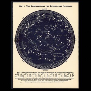 c. 1942 OCTUBRE NOVIEMBRE Y DICIEMBRE litografía • impresión vintage original • impresión celeste • impresión astronómica • constelaciones del sur