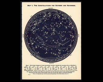 c. 1942 OCTOBER NOVEMBER & DECEMBER lithograph • original vintage print • celestial print • astronomy print • Southern Constellations