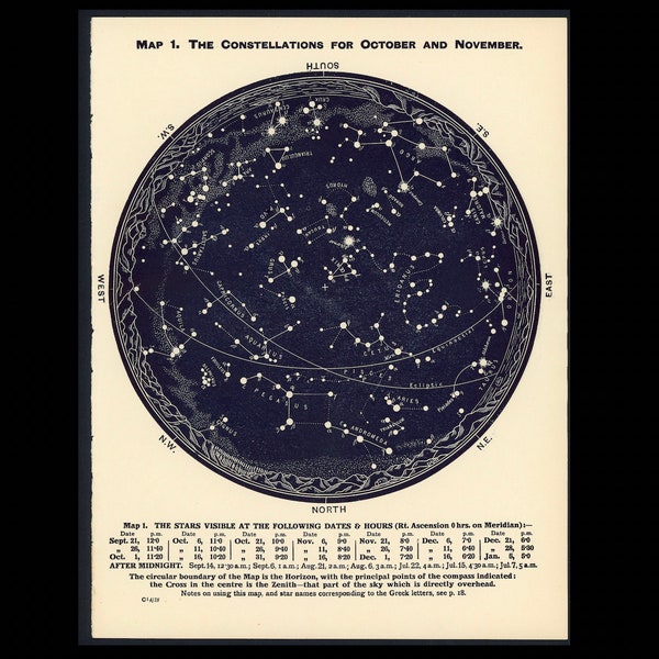 c. 1942 OKTOBER NOVEMBER & DEZEMBER Lithographie • Original Vintage Druck • Himmelsdruck • Astronomie Druck • Südliche Sternbilder