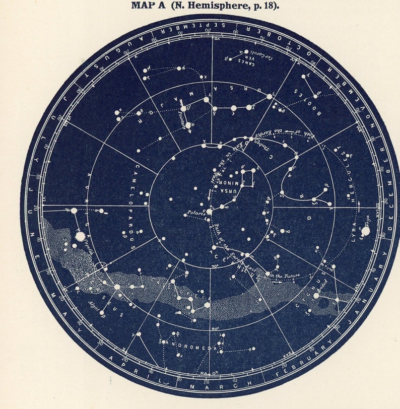 c. 1942 POLAR CONSTELLATIONS lithograph original vintage print star chart celestial print astronomy print Southern Constellations image 2