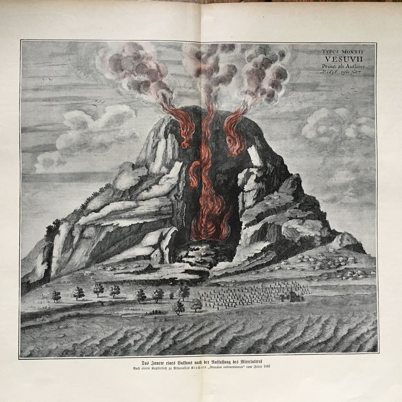 1900 VOLCANO ERUPTING LITHOGRAPH original antique print of mount vesuvius c