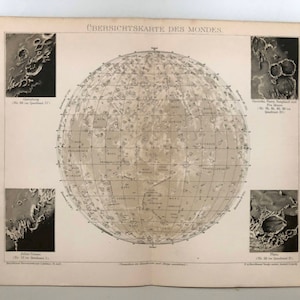 C. 1903 DER MOND Lithographie - original antik Druck • Astronomie Druck - Himmelsastronomie - Mondlandschaft • Krater • Mondkarte