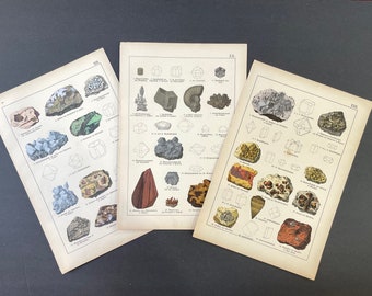 c. 1878 • GEMS & MINERALS lithographs • set of 3 original antique prints • mineralogy prints• geology print • rocks • ores • precious stones