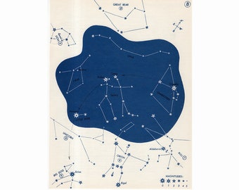 星座星図 1966年頃 - ビンテージ天文学プリント - 青い天体プリント - No. 8 - 北の星座