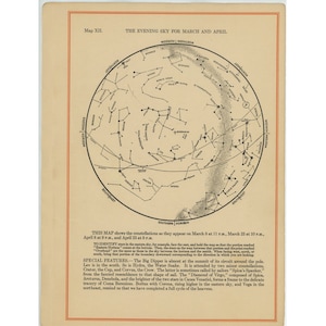 STAR MAP c. 1926 • Cielo nocturno en marzo y abril • impresión de astronomía vintage original • mapa de constelación • mapa celeste • Mapas mensuales