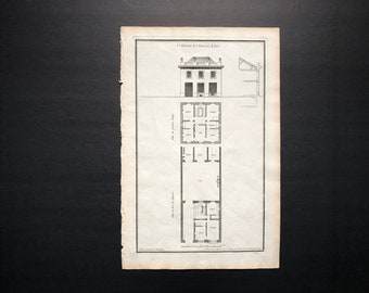 1757 architecture original antique french building print with plan view - black & white engraving