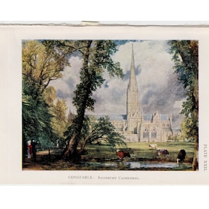 May include: A painting of Salisbury Cathedral in England, by John Constable. The cathedral is shown in the distance, with trees in the foreground. The painting is in a muted color palette of greens, browns, and grays.