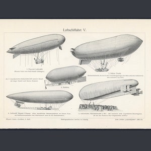 May include: A black and white illustration of five different types of airships. The illustration is labelled "Luftschiffahrt V." and includes the names of each airship: "1. Parseval-Luftschiff", "2. Ballon-Cloth", "3. Zeppelin", "4. Luftschiff "Repard-Clement", "5. Ballon-Motor", and "Photographieches Institut in Leipzig."