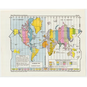 c. 1955 STANDARD TIME MAP • original vintage print • world map lithograph - map of the world print - map print - time print