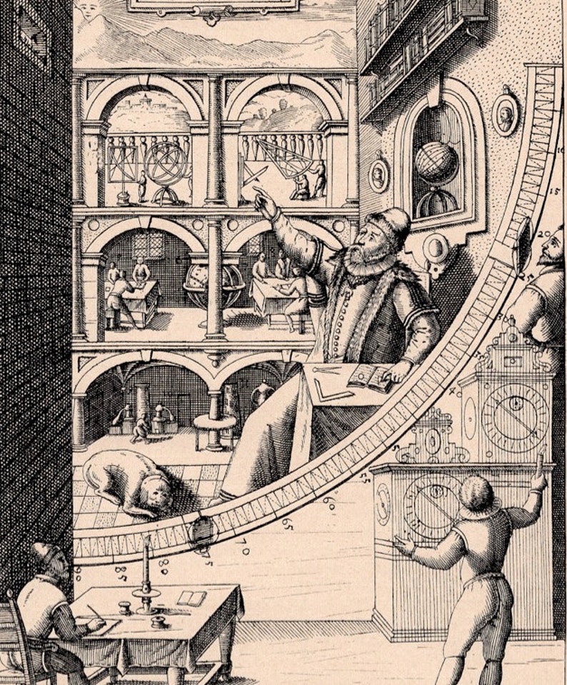 c 1900 OBSERVATORY of Tycho Brahe print original antique celestial astronomy lithograph ASTRONOMICAL INSTRUMENT