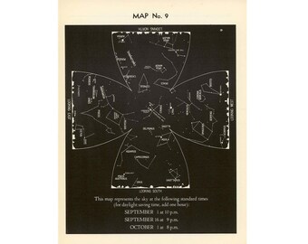 c. 1942 VINTAGE SEPTEMBER lithograph• original vintage print • constellations star map celestial astronomy print