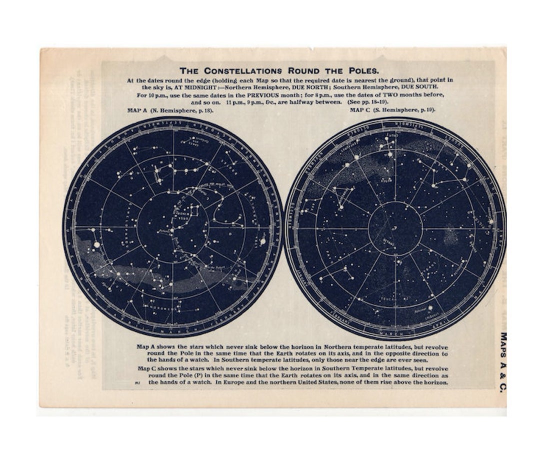C. 1955 - CONSTELLATIONS MAP - Vintage Astronomy Print - Celestial Star ...