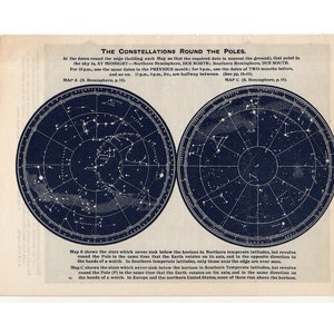 c. 1955 - CONSTELLATIONS MAP - impresión de astronomía vintage - carta de estrellas celestiales - estrellas visibles en el Polo Norte y el Polo Sur