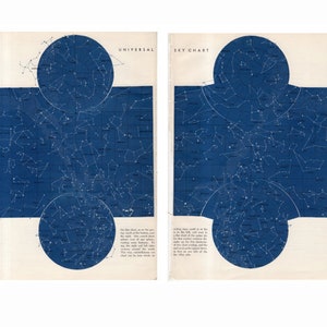 Láminas antiguas de GLOBO CELESTIAL, c. 1966: conjunto de 2 láminas antiguas de astronomía, láminas celestes azules, láminas de constelaciones y láminas de estrellas