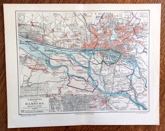 Mapa antiguo de HAMBURGO de 1894, litografía original de cartografía antigua de 1894 - ALEMANIA, EUROPA, guía, atlas, globo, plano, carta, cartografía