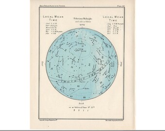 May include: A vintage star chart depicting the constellations visible in the night sky during February. The chart is a blue circle with black lines and dots representing the stars. The chart is labelled with the names of the constellations and the time of year they are visible.