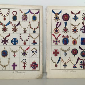 c.1751 HERALDIC DECORATIONS prints - original antique heraldry prints hand coloured engravings - Diderot - art heraldique - set of 2