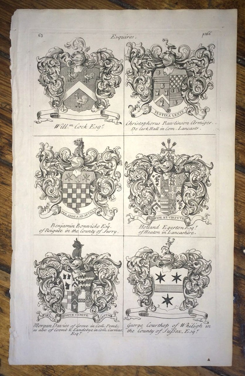 c 1679 DISPLAY OF HERALDRY \u2022 original antique print \u2022 Coat of Arms print \u2022 family crest print \u2022 Heraldic Achievements of Esquires \u2022
