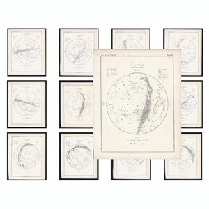 May include: A collection of framed vintage celestial charts. The charts feature detailed illustrations of constellations and celestial bodies, with a central chart prominently displayed. The frames are black, and the charts are printed in black and white.