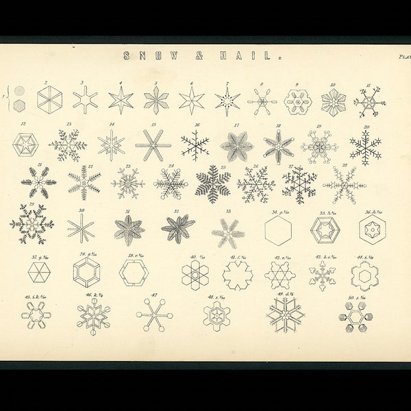 c. 1880 SNOW & HAIL engraving • original antique print • winter weather print • snow flakes print • snow print • meteorology • snow storm