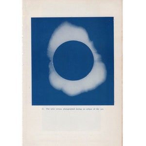 c. 1944 TOTAL ECLIPSE of the SUN print - original vintage astronomy print - sun print - solar corona print- blue lithograph