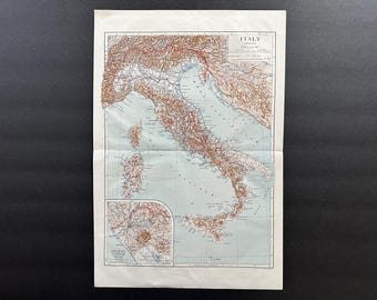 イタリアのアンティーク地図。1937年頃。89年前の歴史的版画、額装