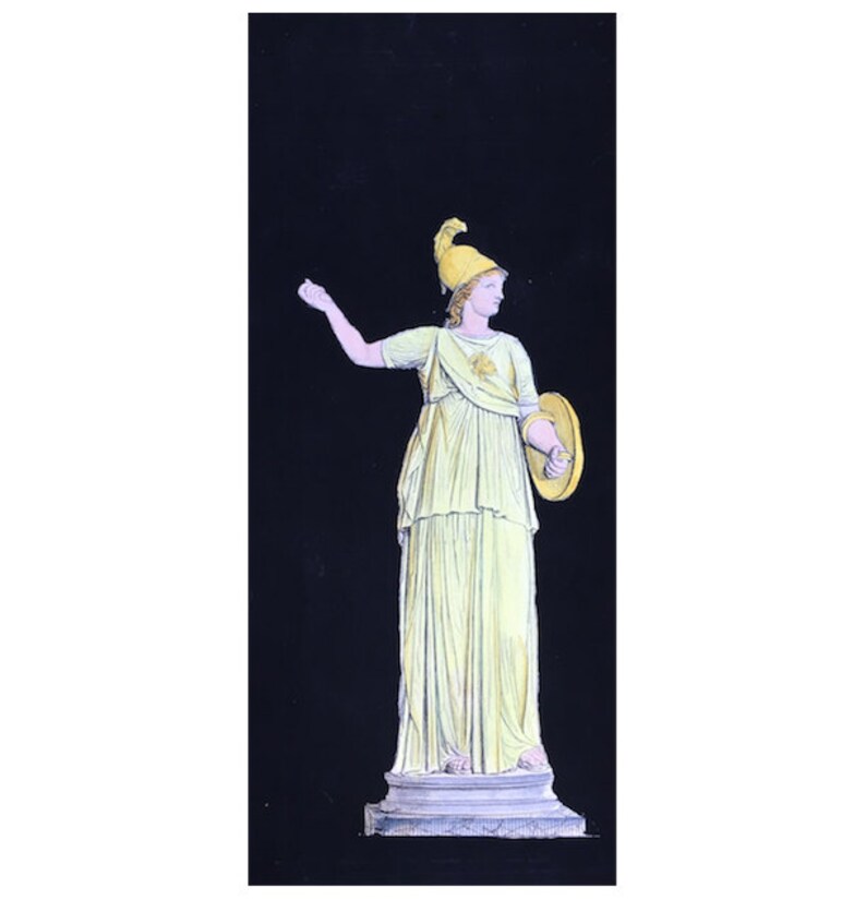May include: A yellow painted statue of a woman wearing a helmet and holding a shield. The statue is standing on a pedestal against a black background.